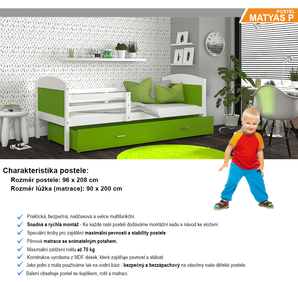 Dětská postel MATYAS P 90x200 cm s bílou konstrukcí v zelené barvě se šuplíkem.