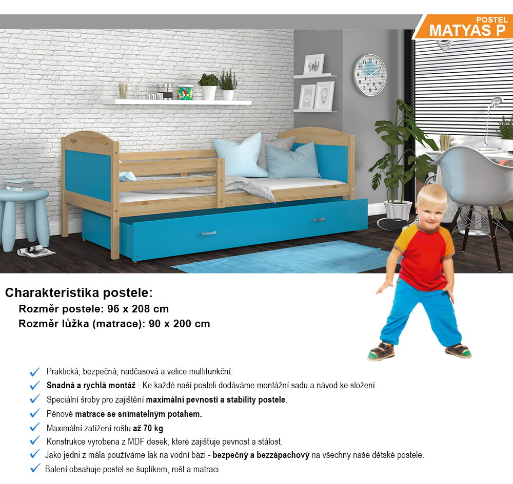 Detská jednolôžková posteľ MATYAS P 200x90 cm BOROVICA-MODRÁ