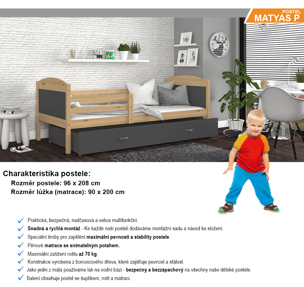 Detská jednolôžková posteľ MATYAS P 200x90 cm BOROVICA-SIVÁ