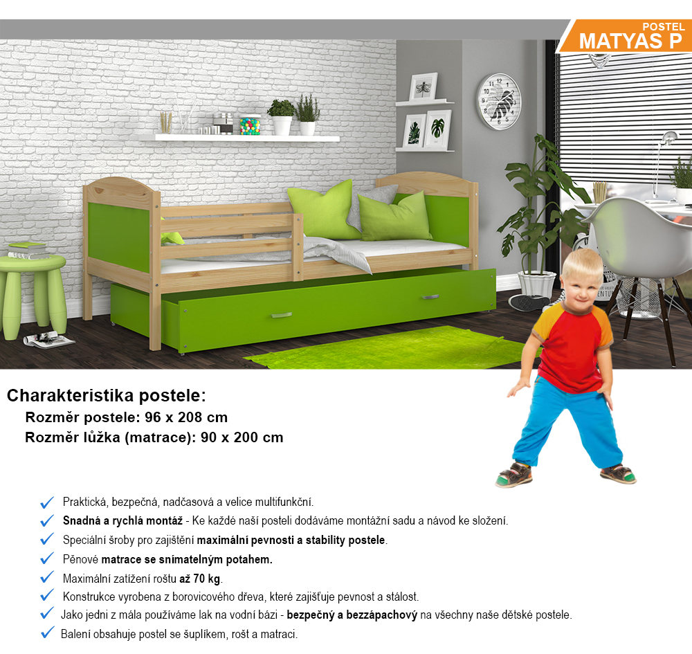 Detská jednolôžková posteľ MATYAS P 200x90 cm BOROVICA-ZELENÁ
