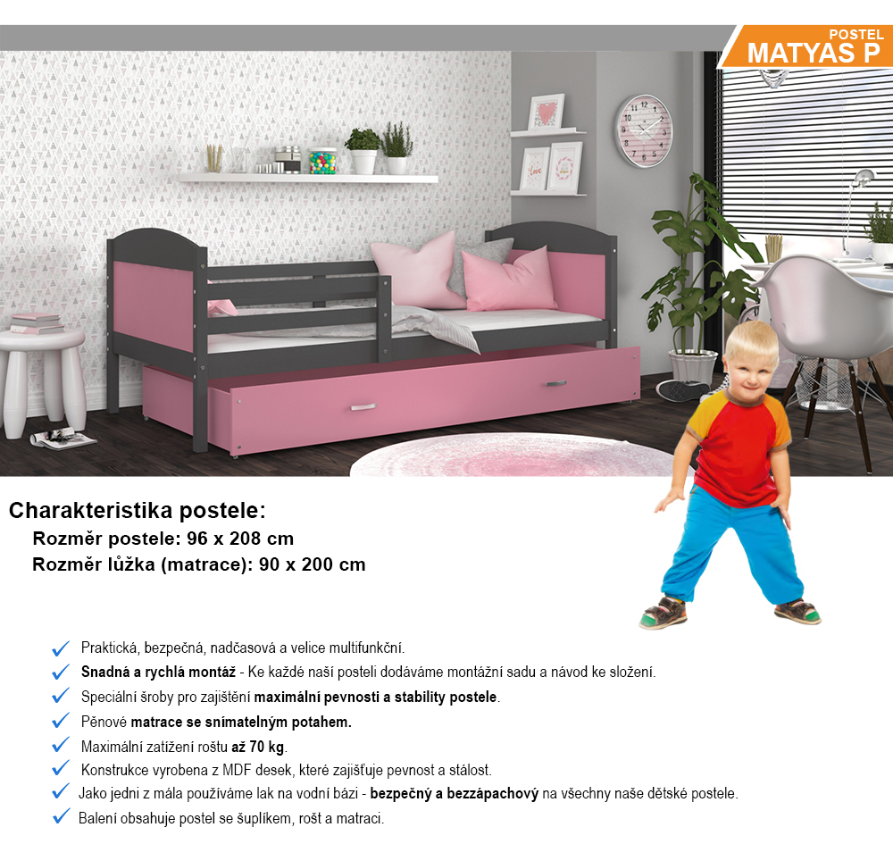 Dětská postel MATYAS P 90x200 cm s šedou konstrukcí v růžové barvě se šuplíkem.
