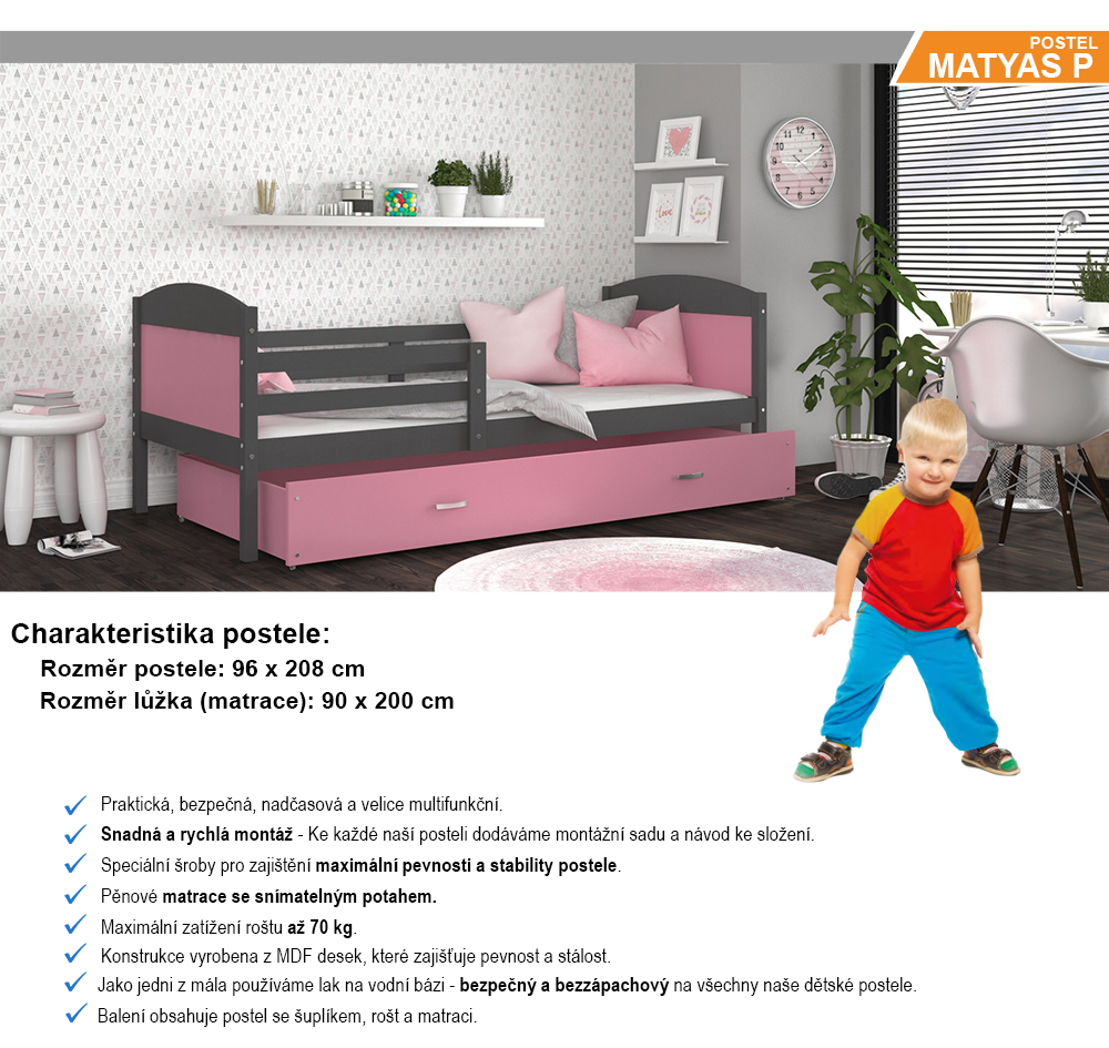 Detská jednolôžková posteľ MATYAS P 200x90 cm SIVÁ-RUŽOVÁ