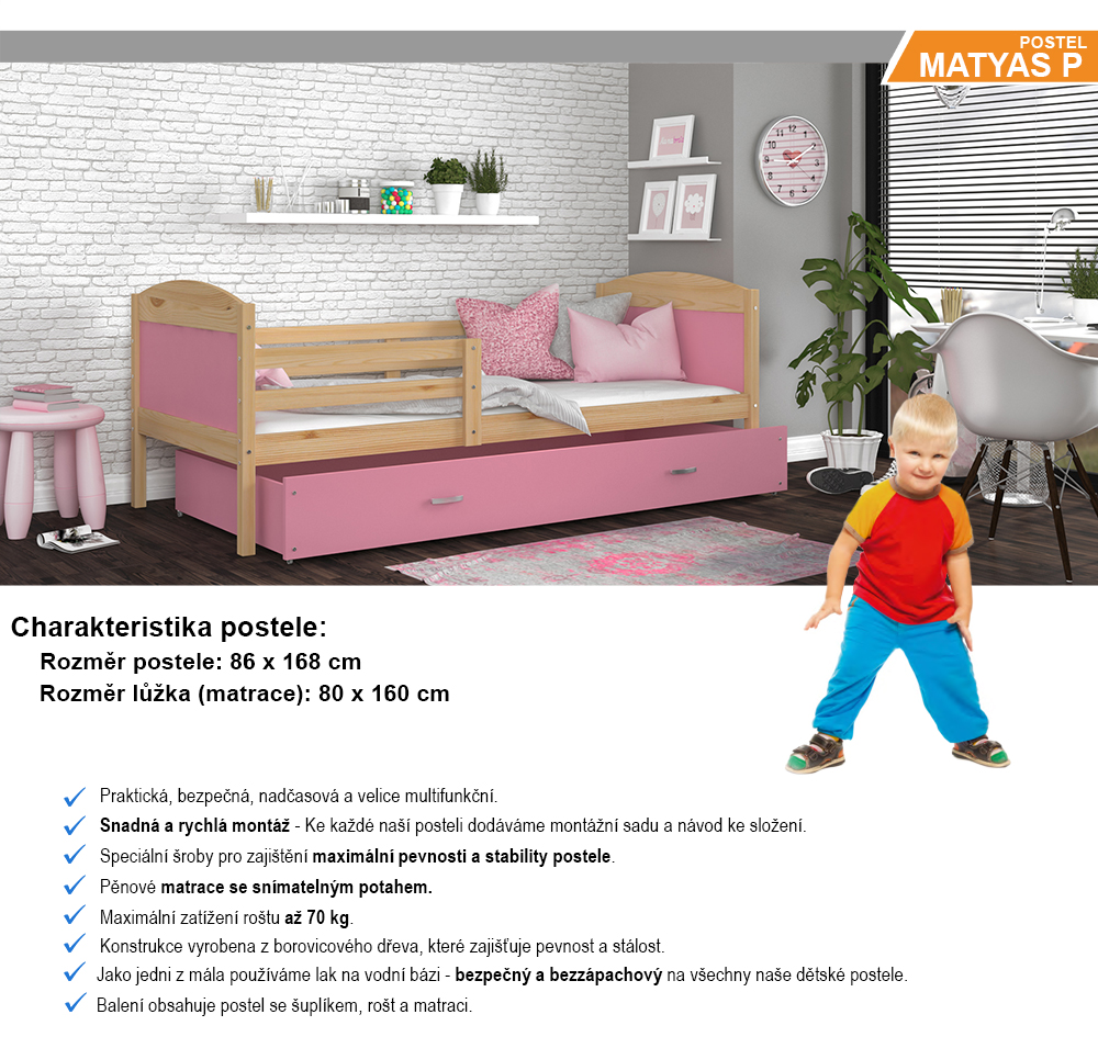 Dětská postel MATYAS P 80x160 cm s borovicovou konstrukcí v růžové barvě se šuplíkem.
