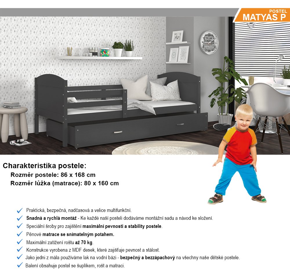 Dětská postel MATYAS P 80x160 cm s šedou konstrukcí v šede barvě se šuplíkem.