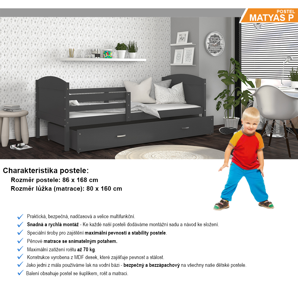 Detská jednolôžková posteľ MATYAS P 160x80 cm SIVÁ-SIVÁ