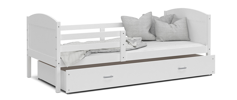 Dětská postel MATYAS P 90x200 cm s bílou konstrukcí v bílé barvě se šuplíkem.