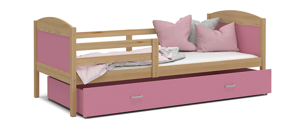 Dětská postel MATYAS P 80x190 cm s borovicovou konstrukcí v růžové barvě se šuplíkem.
