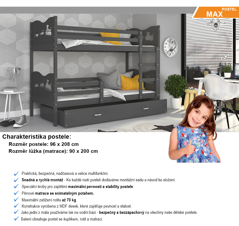 Dětská patrová postel MAX 200x90 cm s šedou konstrukcí v šedé barvě s VLÁČKEM