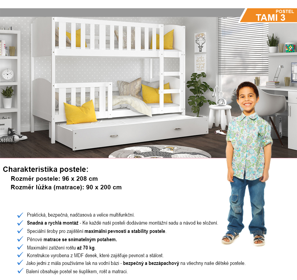 Dětská patrová postel TAMI 3 90x200 cm s bílou konstrukcí v bílé barvě s přistýlkou