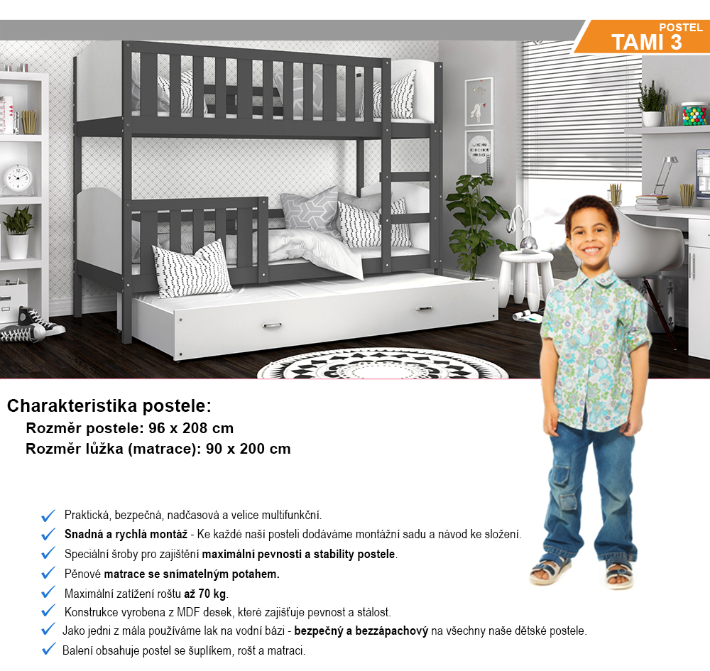 Detská poschodová posteľ TAMI 3 90x200 cm so šedou konštrukciou v bielej farbe s prístelkou