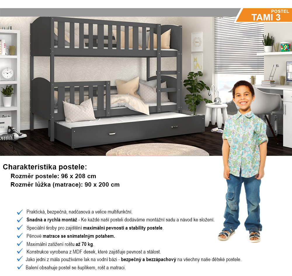Detská poschodová posteľ TAMI 3 90x200 cm so šedou konštrukciou v šedej farbe s prístelkou