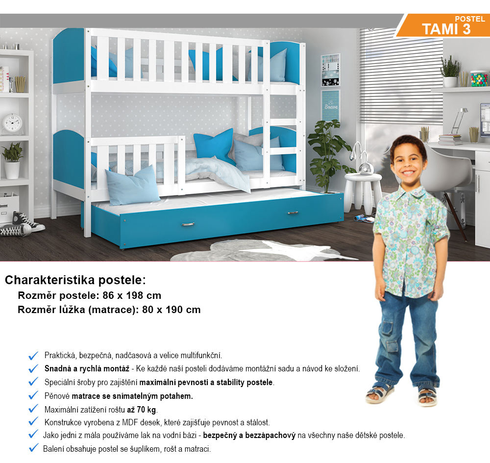 Detská poschodová posteľ TAMI 3 80x190 cm s bielou konštrukciou v modrej farbe s prístelkou