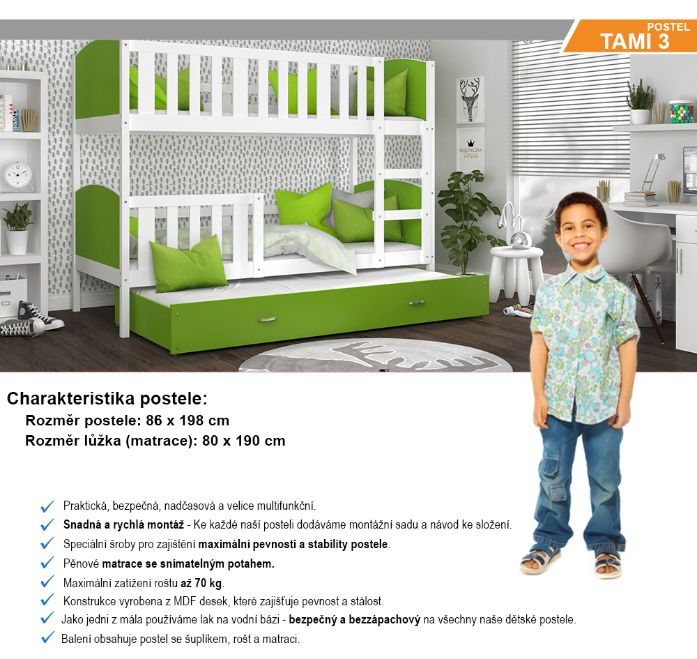 Detská poschodová posteľ TAMI 3 80x190 cm s bielou konštrukciou v zelenej farbe s prístelkou