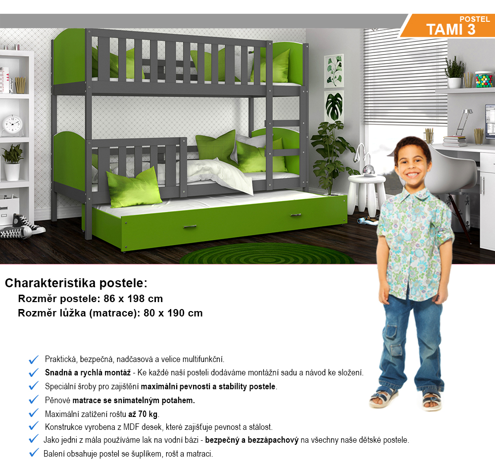 Detská poschodová posteľ TAMI 3 80x190 cm so šedou konštrukciou v zelenej farbe s prístelkou