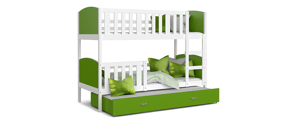 Detská poschodová posteľ TAMI 3 80x190 cm s bielou konštrukciou v zelenej farbe s prístelkou