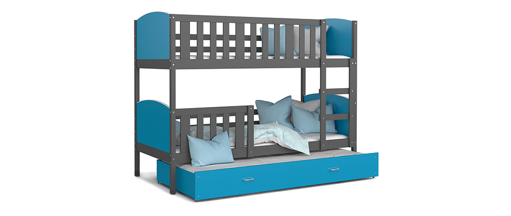 Dětská patrová postel TAMI 3 90x200 cm s šedou konstrukcí v modré barvě s přistýlkou