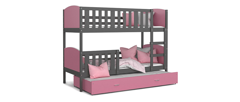 Dětská patrová postel TAMI 3 80x190 cm s šedou konstrukcí v růžové barvě s přistýlkou
