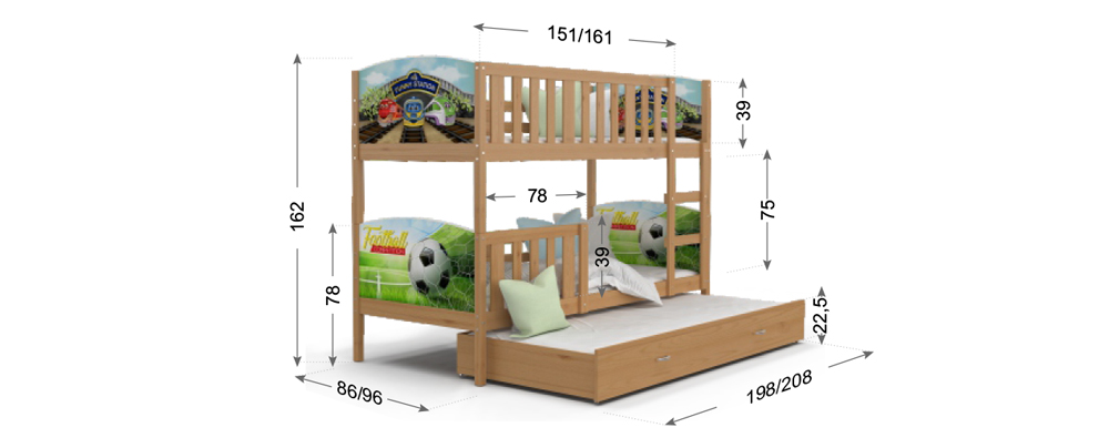 Detská poschodová posteľ TAMI 3 90x200 cm so šedou konštrukciou v zelenej farbe s prístelkou