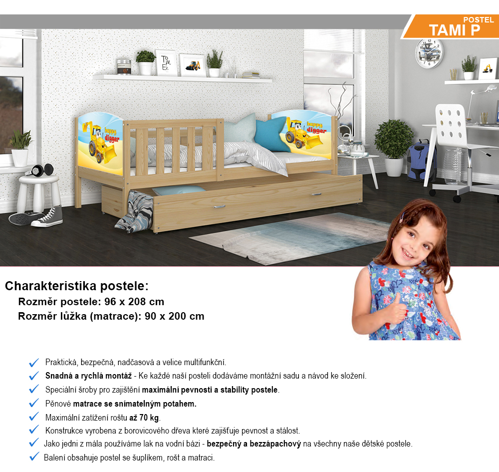Dětská postel TAMI P 90x200 cm v borovicovém provedení s motivem bagr