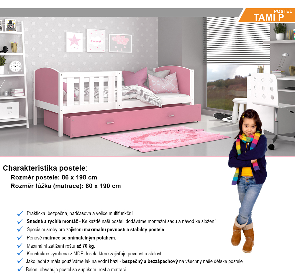 Detská posteľ TAMI P 80x190 cm s bielou konštrukciou v ružovej farbe so šuplíkom