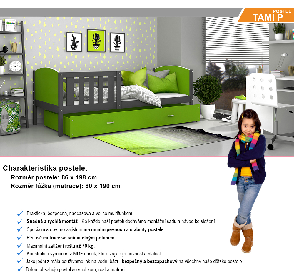 Dětská postel TAMI P 80x190 cm s šedou konstrukcí v zelené barvě se šuplíkem