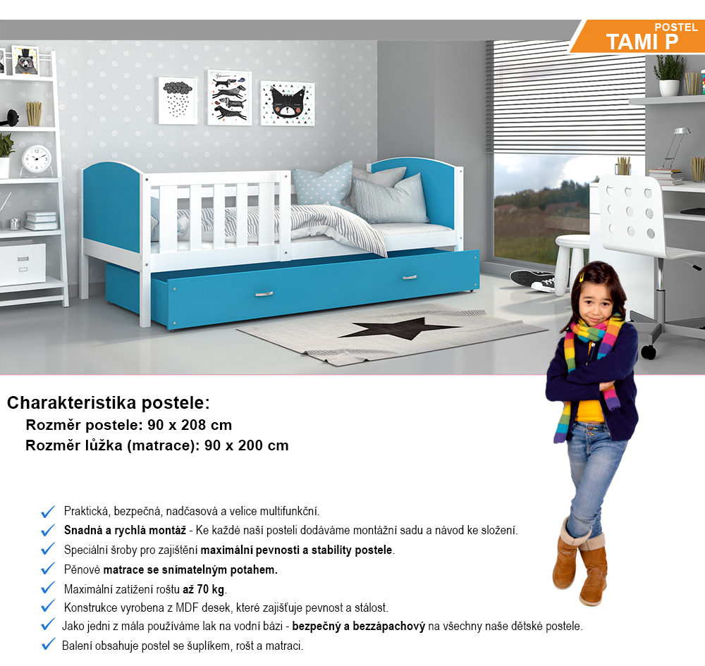 Dětská postel TAMI P 90x200 cm s bílou konstrukcí v modré barvě se šuplíkem