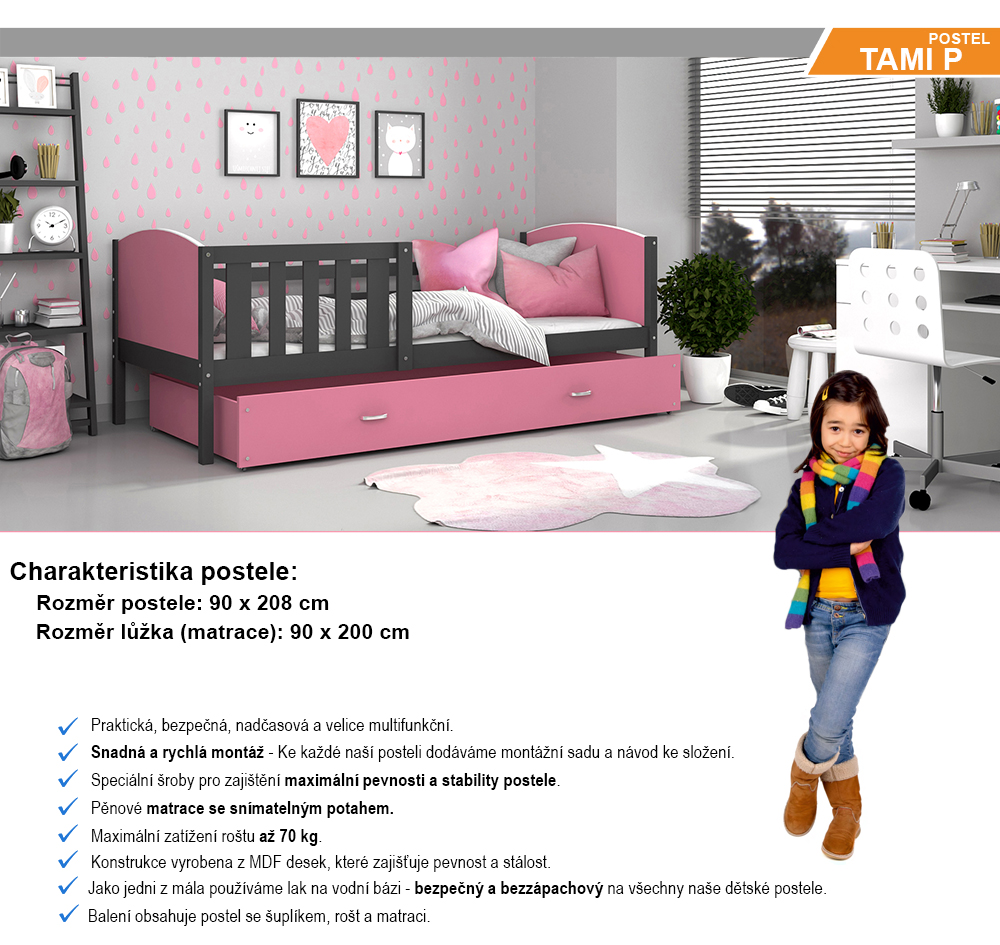 Dětská postel TAMI P 90x200 cm s šedou konstrukcí v růžové barvě se šuplíkem