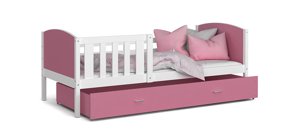 Detská posteľ TAMI P 80x160 cm s bielou konštrukciou v ružovej farbe so šuplíkom