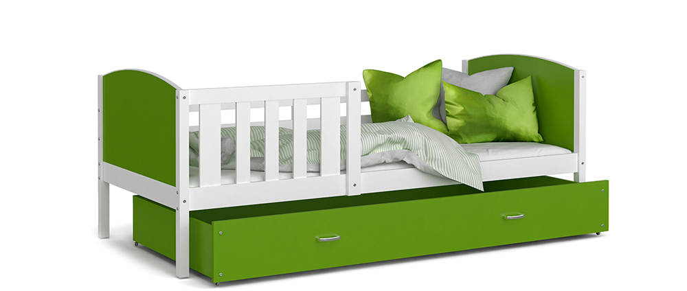 Dětská postel TAMI P 90x200 cm s bílou konstrukcí v zelené barvě se šuplíkem