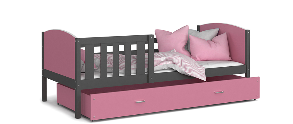Detská posteľ TAMI P 80x190 cm so šedou konštrukciou v ružovej farbe so šuplíkom