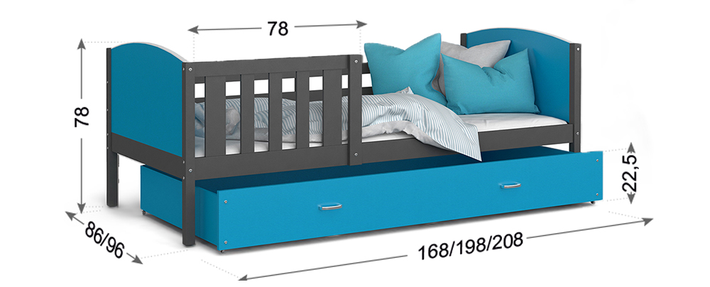 Detská posteľ TAMI P 80x190 cm s bielou konštrukciou v šedej farbe so šuplíkom