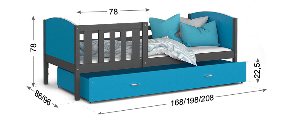 Dětská postel TAMI P 90x200 cm s bílou konstrukcí v modré barvě se šuplíkem