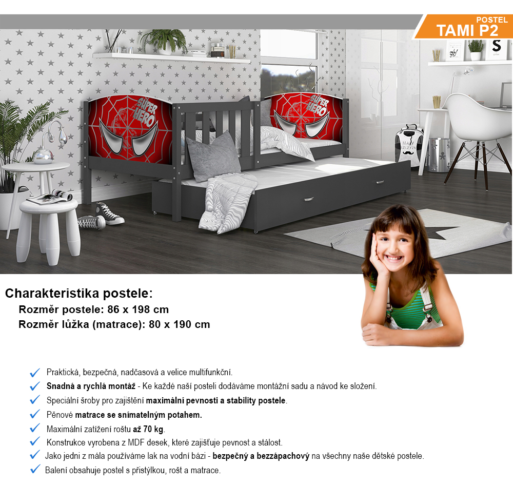 Dětská postel TAMI P2 80x190 cm v šedé barvě s motivem superhrdiny