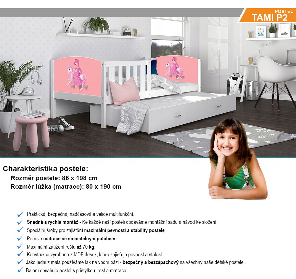 Dětská postel TAMI P2 80x190 cm v bílé barvě s motivem princezny