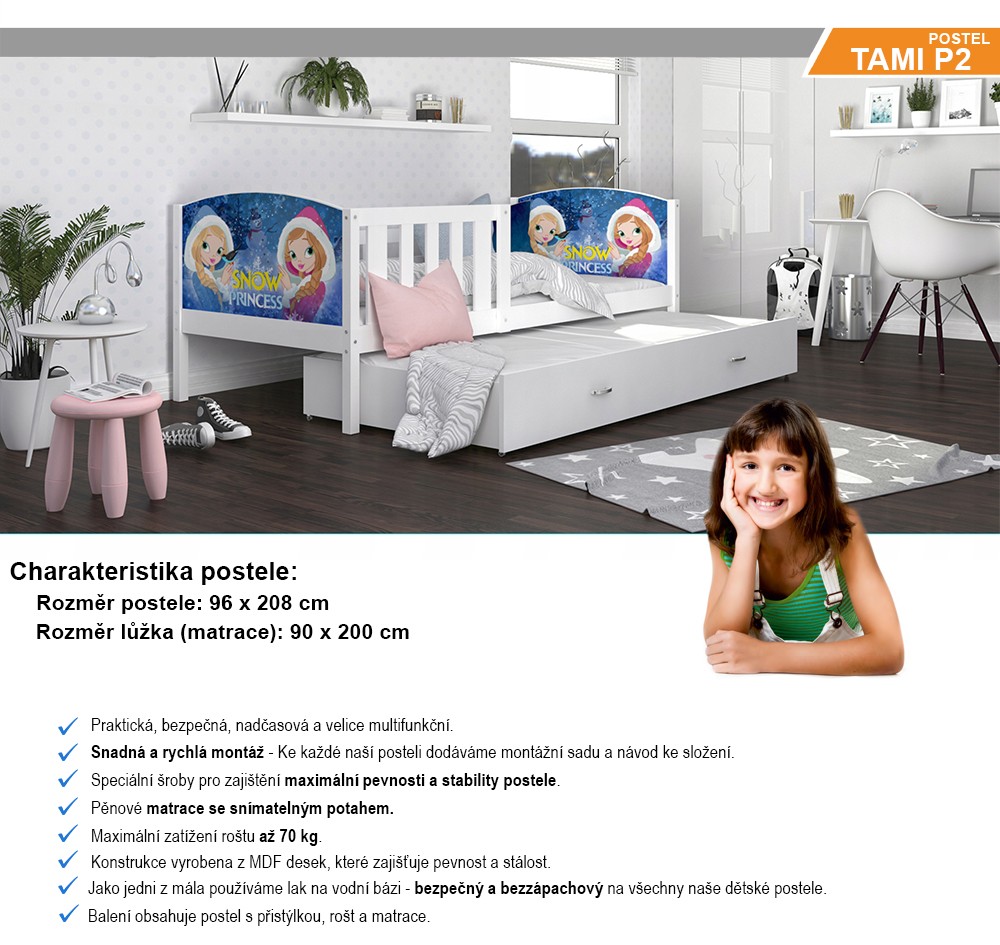 Dětská postel TAMI P2 90x200 cm v bílé barvě s motivem snězných princezen