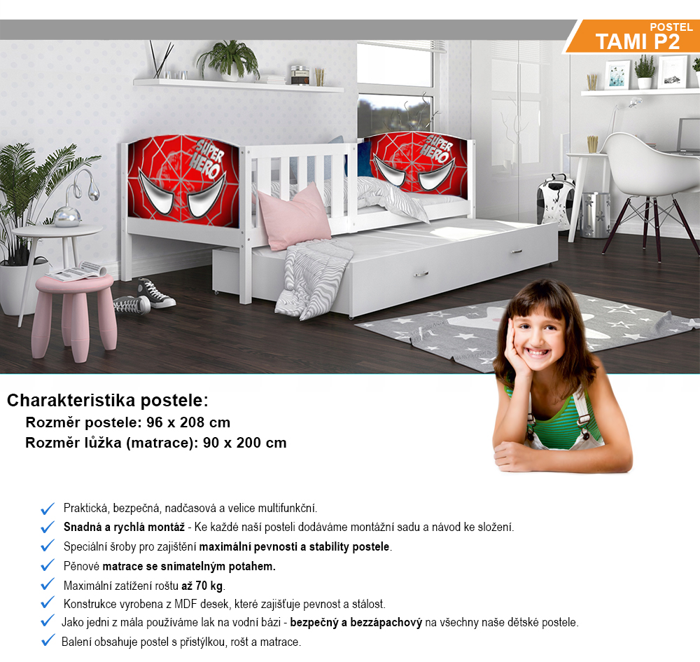 Dětská postel TAMI P2 90x200 cm v bílé barvě s motivem superhrdiny