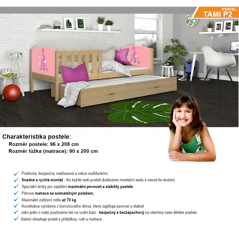 Dětská postel TAMI P2 90x200 cm v provedení borovice s motivem princezny