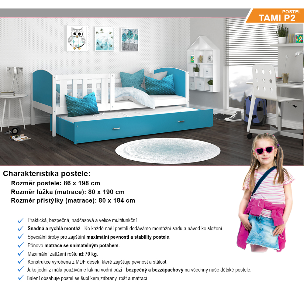 Dětská postel TAMI P2 80x190 cm s bílou konstrukcí v modré barvě s přistýlkou