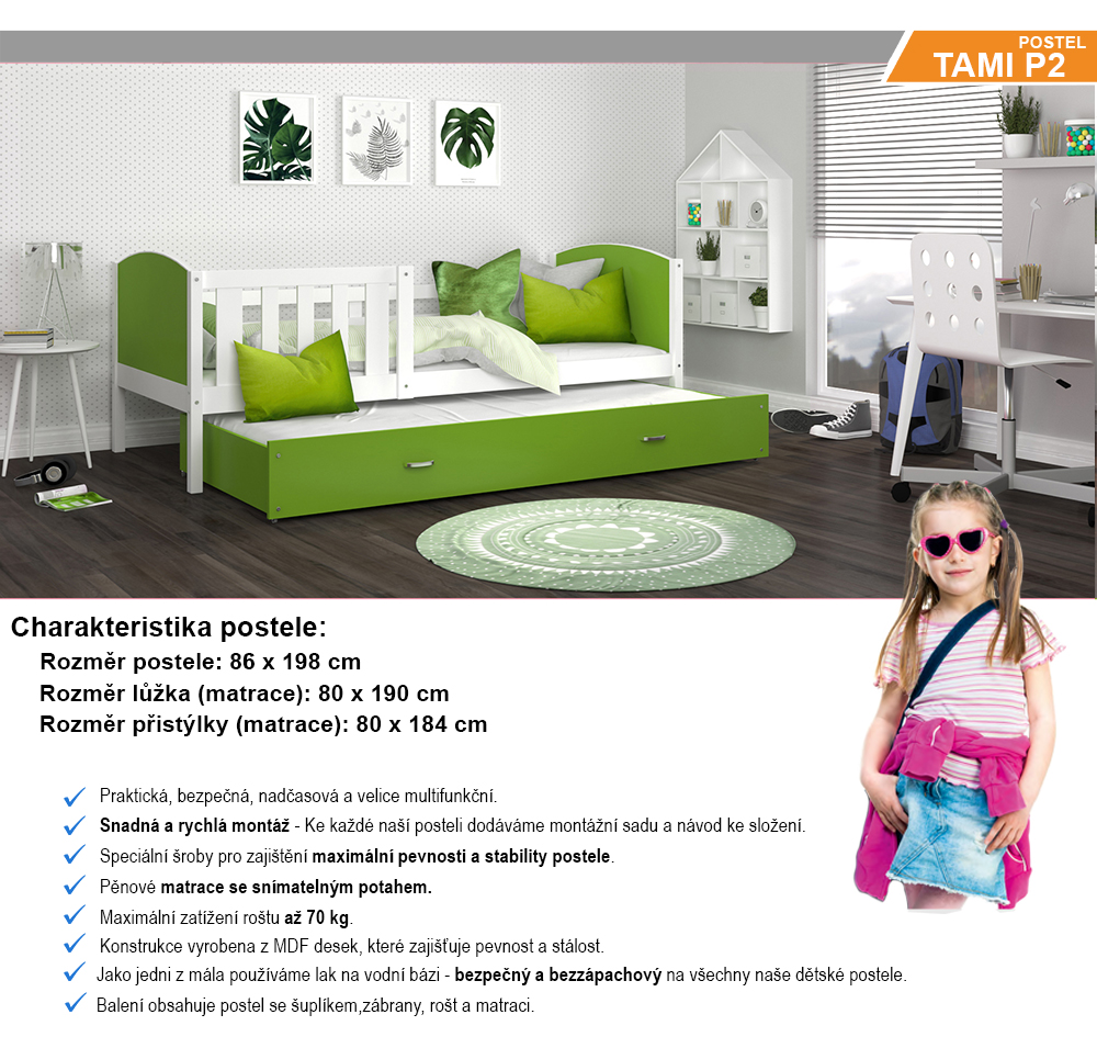 Detská posteľ TAMI P2 80x190 cm s bielou konštrukciou v zelenej farbe s prístelkou