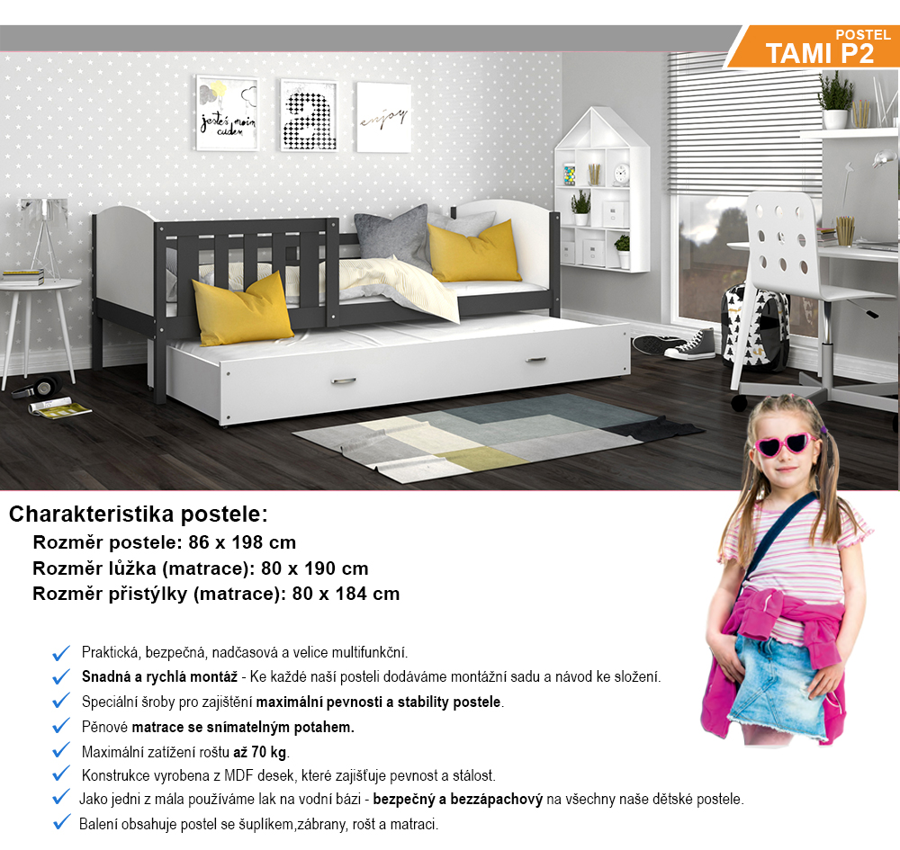 Dětská postel TAMI P2 80x190 cm s šedou konstrukcí v bílé barvě s přistýlkou