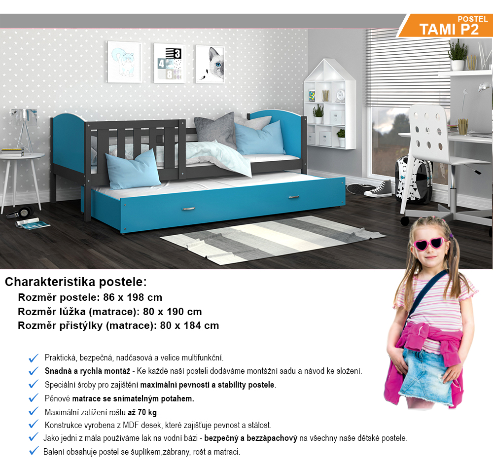 Detská posteľ TAMI P2 80x190 cm so šedou konštrukciou v modrej farbe s prístelkou