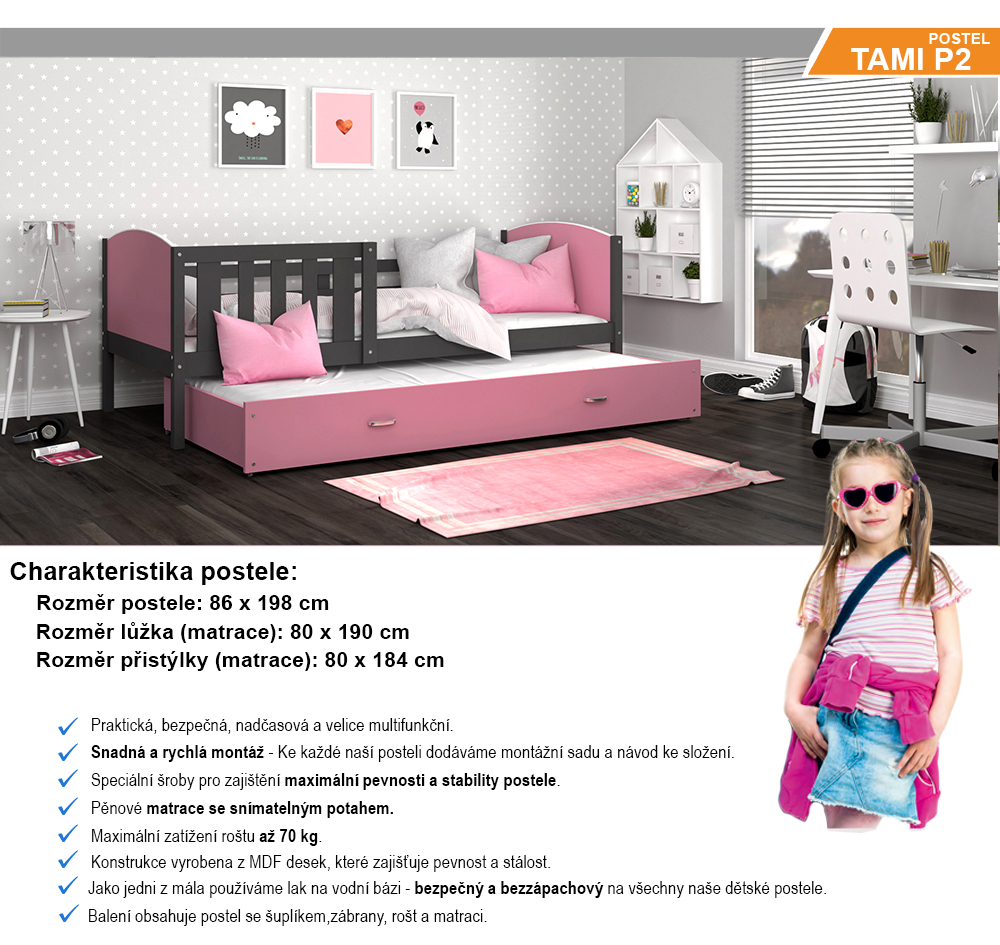 Dětská postel TAMI P2 80x190 cm s šedou konstrukcí v růžové barvě s přistýlkou