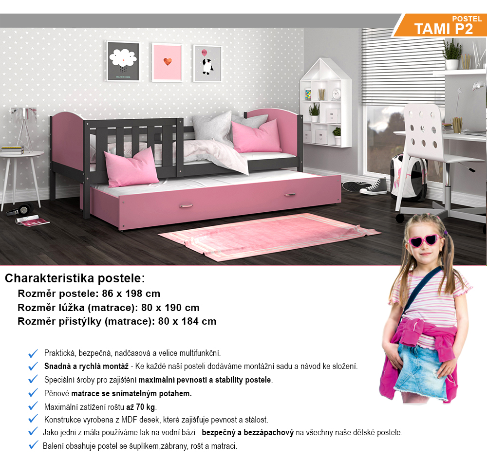 Dětská postel TAMI P2 80x190 cm s šedou konstrukcí v růžové barvě s přistýlkou