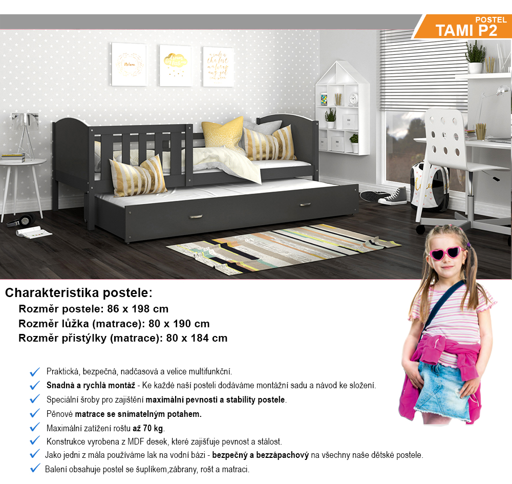 Dětská postel TAMI P2 80x190 cm s šedou konstrukcí v šedé barvě s přistýlkou