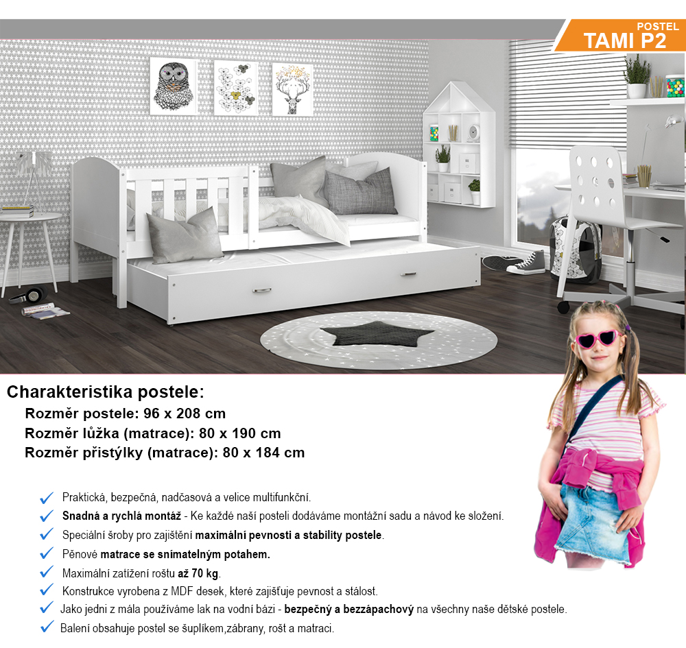 Dětská postel TAMI P2 90x200 cm s bílou konstrukcí v bílé barvě s přistýlkou