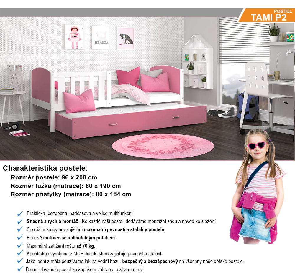 Detská posteľ TAMI P2 90x200 cm s bielou konštrukciou v ružovej farbe s prístelkou