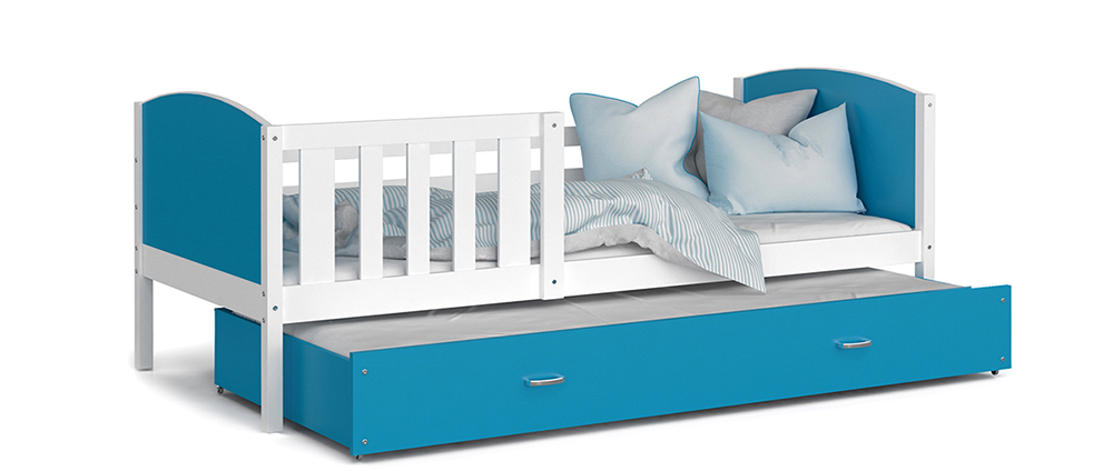 Detská posteľ TAMI P2 90x200 cm s bielou konštrukciou v modrej farbe s prístelkou