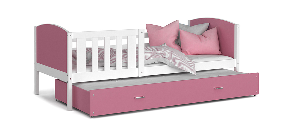 Detská posteľ TAMI P2 90x200 cm s bielou konštrukciou v ružovej farbe s prístelkou