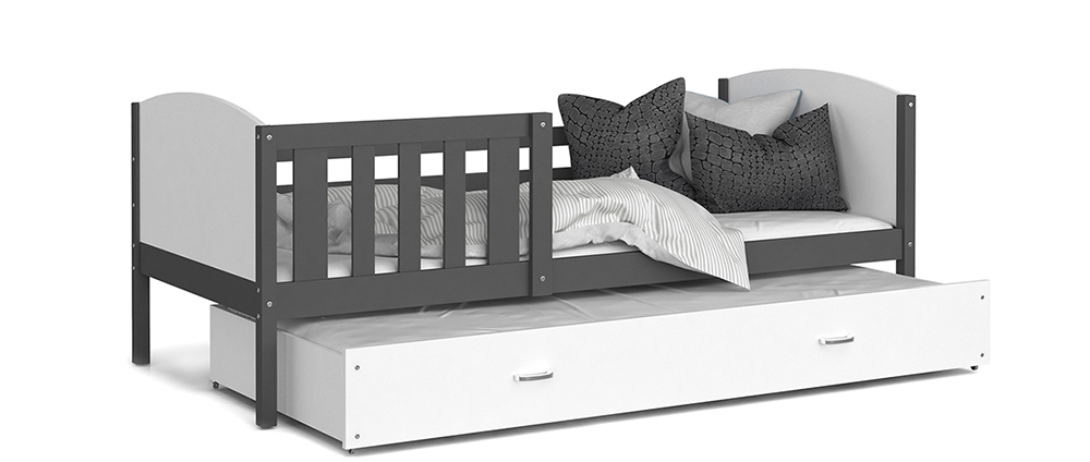 Detská posteľ TAMI P2 90x200 cm so šedou konštrukciou v bielej farbe s prístelkou