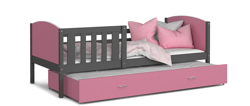 Detská posteľ TAMI P2 90x200 cm so šedou konštrukciou v ružovej farbe s prístelkou